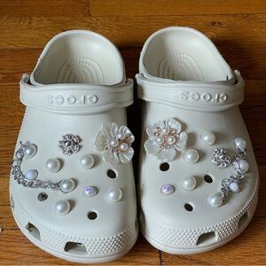 Crocs Bride Beach Wedding Bridal White Pearl Bedazzled Rhinestone 3D flowers 7